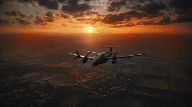 View from above. Photo of an Military drone in flight observing positions on the rays of the setting sun