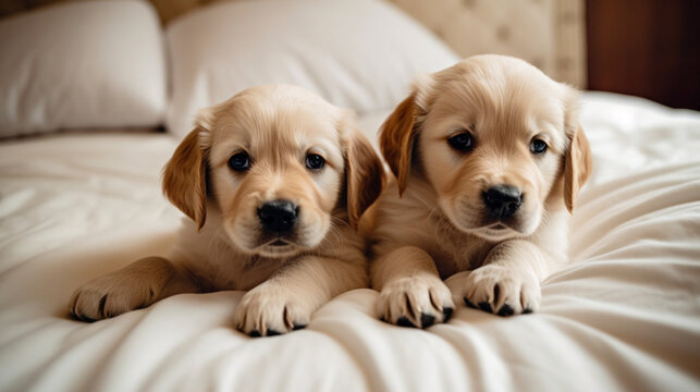 Photography of small puppies in bed. IA generative.