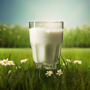 Glass of milk on green grass with daisies in the background. AI generated image.