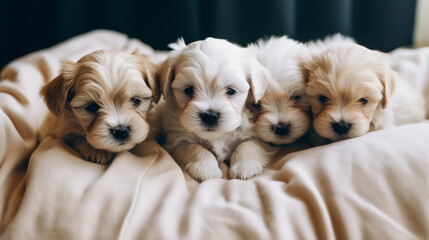 Fototapeta na wymiar Photography of small puppies in bed. IA generative.