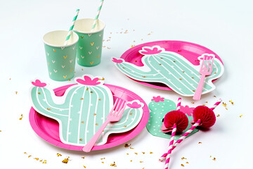 Cute paper party plates in the shape of cactus with cups for themed party. Hawaiian Birthday party...