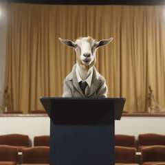 Goat giving speech wearing a suit