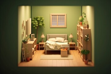 Tiny cute isometric bedroom soft smooth lighting soft color illustration Generative AI 