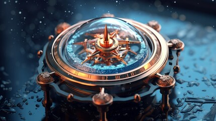 Enchanting Time-lapse Sci-Fi Art: Marcin Sobas' Crystal Heart Compass with Circular Shapes and Water Drops - obrazy, fototapety, plakaty