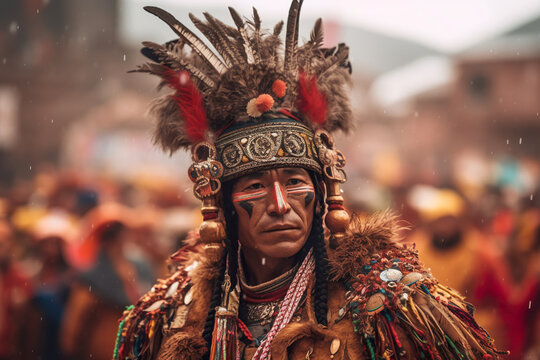 Qoyllur Rit'i in Cusco, Peru: An Andean pilgrimage celebrating the Snow Star Festival, where thousands of pilgrims climb to a sacred mountain to honor the Inca deity. Generative AI.