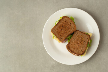 sandwich with meat, cheese and vegetables on a gray background