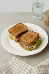 sandwich with meat, cheese and vegetables on a gray background