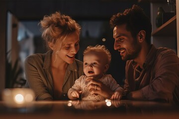 Affectionate parents embracing their child with smiles of pure happiness in their living room.