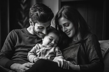 Smiling parents cherishing precious moments with their little one in the warmth of their home.