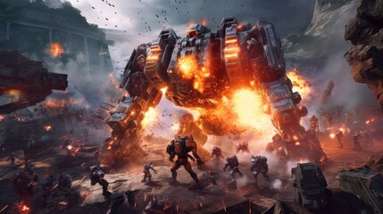 Fototapeta premium Epic clash between colossal mechs in a war - torn landscape, with explosions and laser beams lighting up the scene