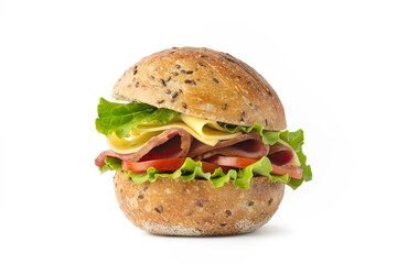 Sandwich with meat, cheese and vegetables isolated on a white background