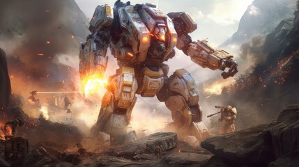Epic clash between colossal mechs in a war - torn landscape, with explosions and laser beams lighting up the scene - obrazy, fototapety, plakaty