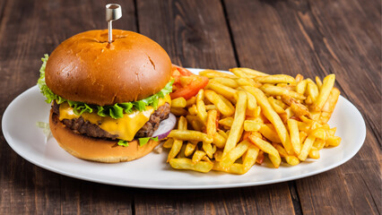 Tasty burger with french fries on a wooden table