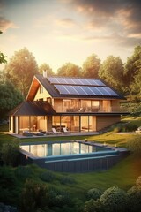 A modern home with solar panels on its roof. (Generative AI)