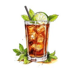 Cuba Libre Cocktail isolated on white drawn with watercolor (generative AI)
