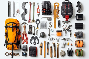 Collection of trek and climb tools organized on a white background collection