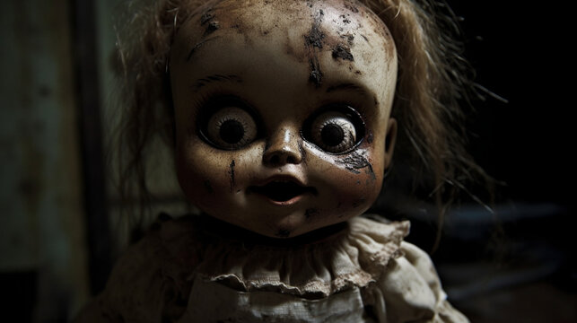 Ancient and terrifying dolls. scary toys. IA generated.