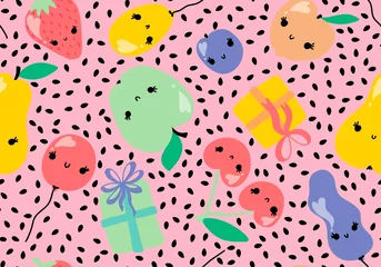 Muurstickers Summer cartoon fruit seamless apples and cherry and peaches and plums and pears pattern for birthday gifts © Tetiana