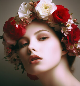 Beautiful young woman with floral wreath. AI generated image.