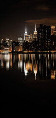 Naklejka premium night cityscape in the distance with bright lighting over the water. reflection in the water. vertical frame.Generative AI