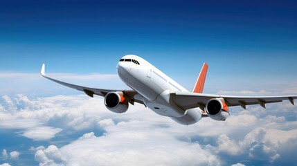 Naklejka na ściany i meble Passengers commercial airplane flying above clouds. Generative ai