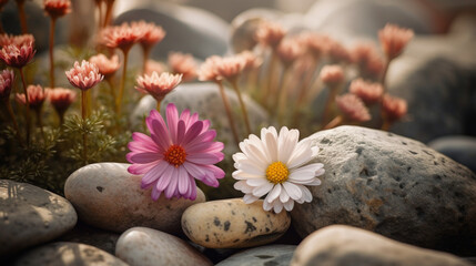 Fototapeta na wymiar Background of rocks with flowers. Natural landscape. AI generated.