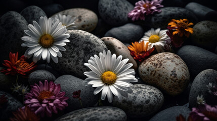 Obraz na płótnie Canvas Background of rocks with flowers. Natural landscape. AI generated.