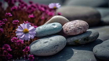 Background of rocks with flowers. Natural landscape. AI generated.