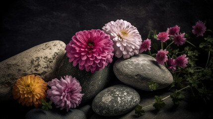 Background of rocks with flowers. Natural landscape. AI generated.