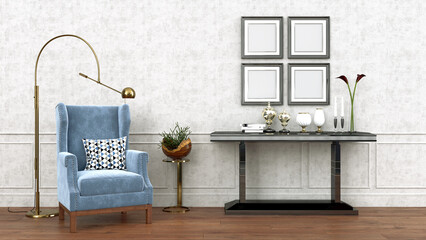 Mockup, customizable interior, furnished room with customizable blank frames, 3d rendering, 3d illustration
