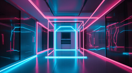 Photography of futuristic rooms with moving neon colors. IA generative.
