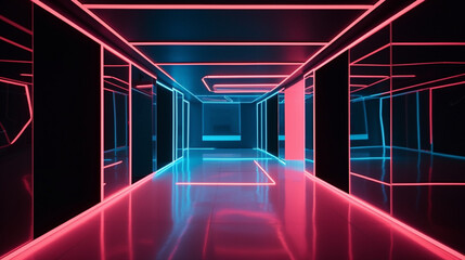 Photography of futuristic rooms with moving neon colors. IA generative.