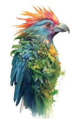 A painting of a colorful bird on a white background. Generative AI. Sacred quetzal bird with vibrant plumage.