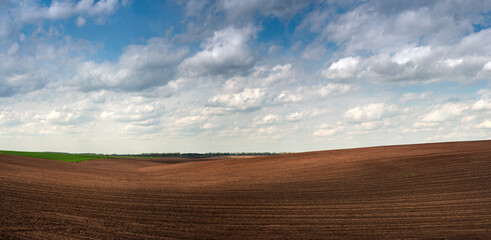 Agricultural rural landscape, colorful hills of Plowed dark land and green fields. Beautiful black Beautiful black soil, fertile fields in Ukraine panoramic view.