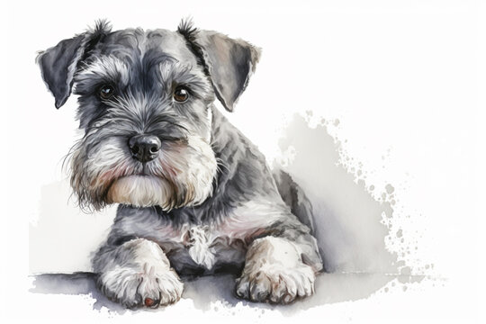 Cute Mini Schnauzer. Dog, watercolor illustration. Generative AI.