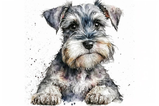 Cute Mini Schnauzer. Dog, watercolor illustration. Generative AI.