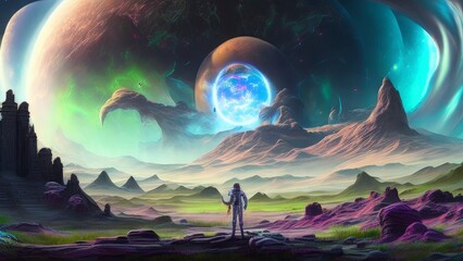 Ancient Alien Civilization Ruins in an Outer World in the Cosmos with Planets, Stars, Galaxies, and Nebules in The Horizen - AI Generative