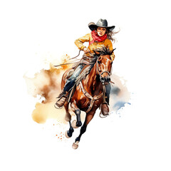 A woman in a cowboy outfit riding a horse. Generative AI.