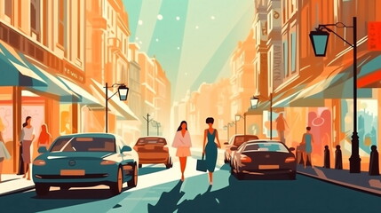 Fototapeta premium summer city street scene,people walk ,building vitrines and windows light reflection,car traffic ,sunny day illustration banner,generated ai
