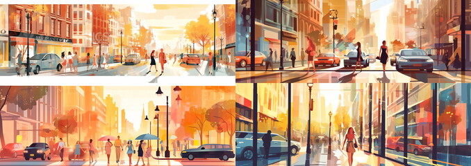 
summer city street scene,people walk ,building vitrines and windows light reflection,car traffic ,sunny day illustration  banner,generated ai