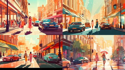 
summer city street scene,people walk ,building vitrines and windows light reflection,car traffic ,sunny day illustration  banner,generated ai
