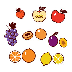 Lemon, orange, peach, apple, strawberry, grape, plum. Vector set of fruits. Design elements for food labels, wrapping paper, covers, textiles.