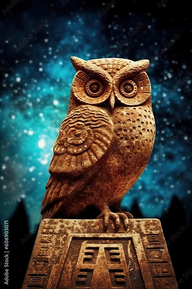 Poster a statue of an owl sitting on top of a building. generative ai.