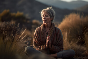 A woman sitting in the middle of a desert. Generative AI. Mature woman meditating.