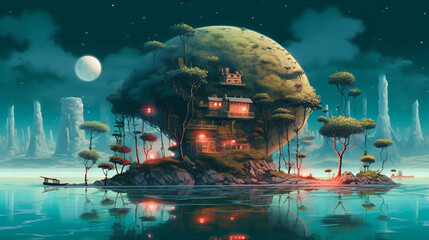 A surreal landscape with floating islands and a glowing moon