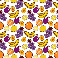 Fototapeta na wymiar Grapes, bananas, lemons, oranges, plums. Seamless vector pattern with fruits. Design of textiles, clothes, covers, wrapping paper.