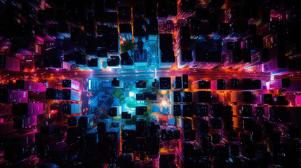 minimalist satellite, drone, aerial view of a big city, neon light - Generative AI
