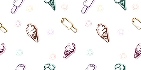 Seamless ice cream pattern drawn with one line and colorful pastel shadows, drawing labels, print on t-shirt, wallpaper of children's room, design, background. 