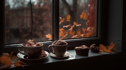 Naklejka na ściany i meble Photography of a hot chocolate with cookies in a window with an autumn day, warm atmosphere. IA generative.