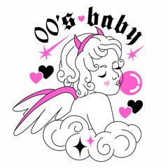 Glamour 00's baby angel with bubble gum. Y2K gothic aesthetic cupid.Cute glam goth girl with pink wings, funny horns, hearts. Fun weird character and slogan. 90s, 00s graphic, anti valentine style.